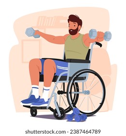 Un Hombre Determinado En Una Silla De Ruedas Se Dedica Al Empoderamiento De Ejercicios Con Tornillos. Carácter Masculino Mostrando Resiliencia Y Fuerza En Su Rutina De Trabajo Del Cuerpo Superior. Ilustración de vectores de personas de caricatura