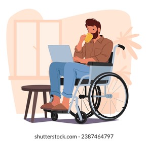 Un Hombre Determinado En silla De Ruedas Opera Experimentalmente Una Laptop. Carácter Masculino Discapacitado Que Muestra Resiliencia, Adaptabilidad Y Poder Tecnológico, Rompiendo Barreras. Ilustración de vectores de personas de caricatura