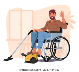 Un Hombre Determinado En Una Silla De Ruedas Vacía Con Habilidad El Suelo, Carácter Que Muestra Su Independencia Y Capacidad De Conquistar Tareas Diarias Con Gracia Y Determinación. Ilustración de vectores de personas de caricatura