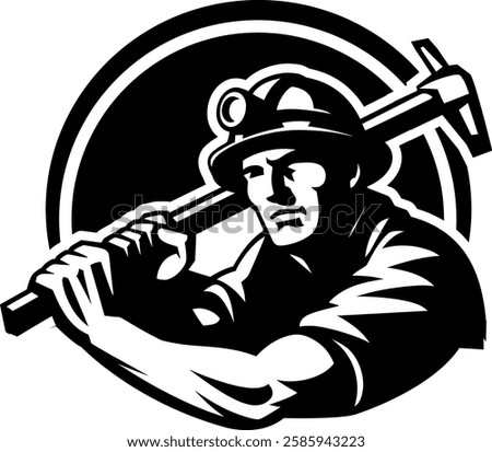 A determined miner grips a pickaxe over his shoulder, symbolizing strength and resilience in the mining industry. Wearing a protective helmet with a headlamp, he represents the hard work and dedicatio