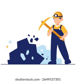 A determined miner in safety gear uses a pickaxe to dig through rock layers, representing labor and exploration.