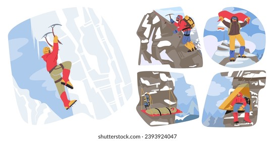 Determined Mountain Climbers Ascend Rocky Peaks, Conquering Challenges With Unwavering Spirit Against Breathtaking Landscape. Characters Conquering Majestic Heights. Cartoon People Vector Illustration