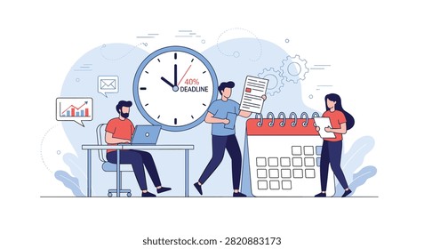 Determined office team rushing to finish their work around a giant clock displaying a deadline and a calendar.