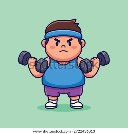 A determined overweight man in a blue tank top and headband lifts dumbbells, showcasing his commitment to fitness and exercise.