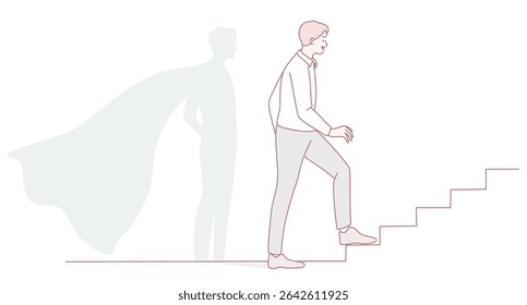 Uma pessoa determinada subindo uma escada, representando um crescimento pessoal significativo ao lado de uma sombra heroica