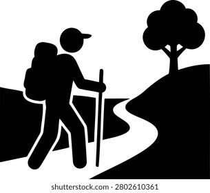 Determined person with backpack and walking stick hikes an uphill winding path toward a tree, a vector graphic symbolizing outdoor adventure, journey, and exploration.