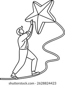Uma pessoa determinada se equilibrando em uma corda bamba tentando alcançar uma estrela representando objetivos e aspirações em uma ilustração minimalista