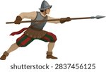 Determined pikeman thrusting spear, side profile facing right, full body, spear combat, medieval vector illustration