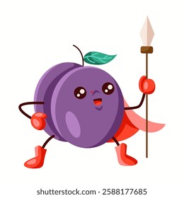 Determined plum superhero in a red cape and gloves, holding a spear. A strong and heroic fruit character, perfect for fantasy themes and creative branding.