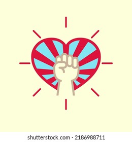 Determined power fist with sun ray heart background. Being resolved concept. Vector illustration outline flat design style.