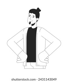 Determined professional man hands on hips black and white 2D line cartoon character. Bearded caucasian male isolated vector outline person. Office worker satisfied monochromatic flat spot illustration