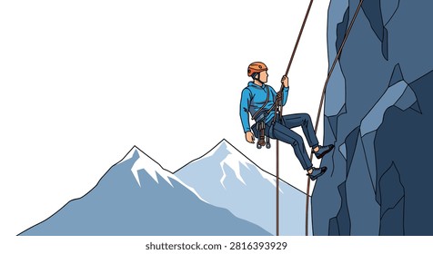 Determined rock climber ascending a steep cliff side with professional climbing gear against mountain background.