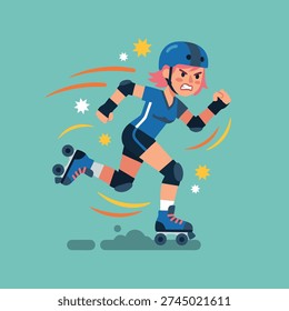 A determined roller derby player with pink hair, wearing protective gear and skates, speeding around a track with motion lines and stars indicating speed and intensity.