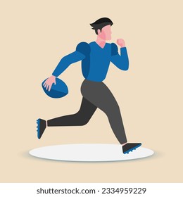 A determined rugby player running and clutching the ball tightly in his grasp.Vector Illustration.Flat design.