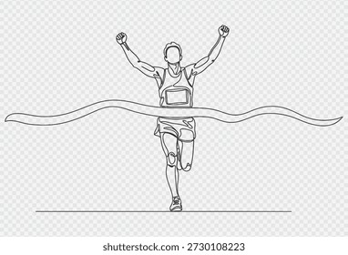 A determined runner crosses the finish line with arms raised in triumph, symbolizing achievement and success in a competitive race or marathon event.