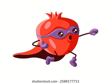 A determined and strong pomegranate superhero wearing a red cape and mask, running forward. A dynamic and engaging character ideal for promoting health, fun, and adventure themes.