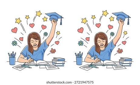 Determined student studies hard at her desk and eventually celebrates her graduation by throwing her mortarboard cap into the air.