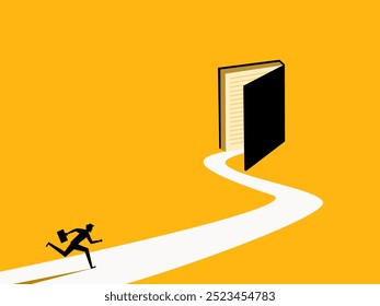 Decidido a estudiar e investigar. hombre corriendo a la puerta abierta del libro