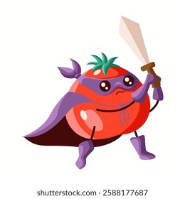 Determined tomato superhero holding a sword, dressed in a purple cape and mask. A fearless and adventurous vegetable character promoting action, fun, and creativity.