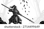 A determined warrior stands ready with a spear, clad in armor, amidst a forest setting, prepared for combat.