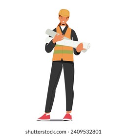 Determined Woman Architect, Clad In A Hard Hat, Holding Blueprint Rolls. Female Character Embodying Expertise And Dedication In Crafting Architectural Visions Into Reality. Cartoon Vector Illustration