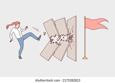 Determined woman break wall with leg kick. Motivated businesswoman find way to overcome obstacles and reach success. Achievement and challenge. Vector illustration. 