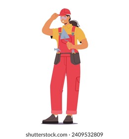 Determined Woman Builder, Adorned In A Hard Hat And Tool Belt. Skillful Female Constructor Character Embodying Resilience And Expertise In Her Profession. Cartoon People Vector Illustration