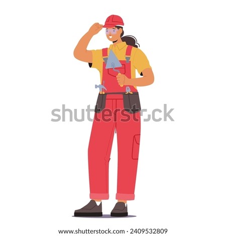 Determined Woman Builder, Adorned In A Hard Hat And Tool Belt. Skillful Female Constructor Character Embodying Resilience And Expertise In Her Profession. Cartoon People Vector Illustration