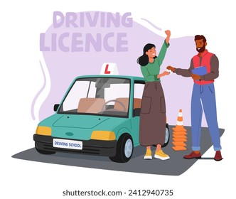 Determined Woman Character Successfully Obtains Her Driving License After Skillfully Demonstrating Her Abilities To Her Instructor During Comprehensive Driving Test. Cartoon People Vector Illustration