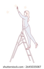 A determined woman climbs a tall ladder, reaching for the stars above, symbolizing her ambition and dreams