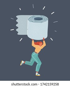 Determined woman delivering in hurry roll of toilet paper, cartoon vector illustration of goods shortage and door to door express delivery at epidemic consumer panic.