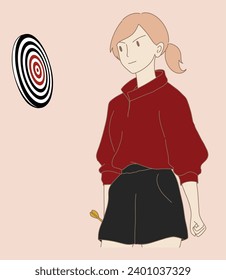 Determined woman holding a dart, looking, aiming at target on dartboard. Focused girl setting goals. Hand drawn flat cartoon character vector illustration.