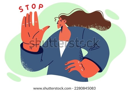 Determined woman making stop gesture with palm outstretched to rejecting harassment from work colleagues or friends. Angry woman manager says stop rejecting initiatives of company employees