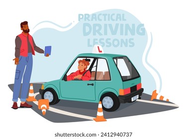 Determined Woman Perfects Her Driving Skills At Driving School, Navigating Through Challenges With Focus And Confidence, Preparing For A Future Of Independent And Skilled Driving. Vector Illustration