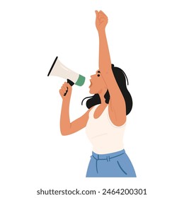 Mujer Decidida Usando Un Megáfono Para Expresar Su Mensaje. Personaje Femenino Levanta El Puño En Señal De Fuerza Y Empoderamiento, Representado En Un Estilo Moderno Y Minimalista. Ilustración vectorial de dibujos animados