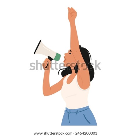 Determined Woman Using Megaphone To Voice Her Message. Female Character Raises Her Fist In A Sign Of Strength And Empowerment, Depicted In A Modern, Minimalistic Style. Cartoon Vector Illustration