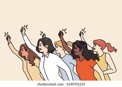 Determined women struggle for equal rights on protest or demonstration. Female activists or leaders struggle for equality. Social justice warrior, girl power and feminism. Vector illustration. 