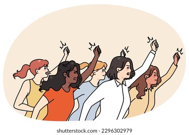 Determined women struggle for equal rights on protest or demonstration. Female activists or leaders struggle for equality. Social justice warrior, girl power and feminism. Vector illustration.