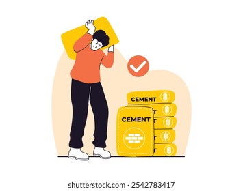 A determined worker carries a heavy bag of cement, ready to build something strong.