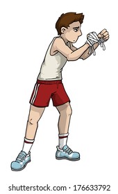 Determined young boy before the fight, training, vector illustration