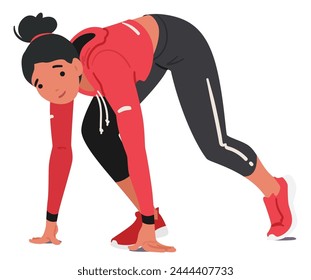 Personaje De Chica Joven Decidida, Listo Para El Inicio Bajo De La Pista, Músculos Enrollados Con Energía Potencial, Ojos Fijos Por Delante, Listos Para Explotar En Movimiento A La Señal. Ilustración vectorial de Personas de dibujos animados