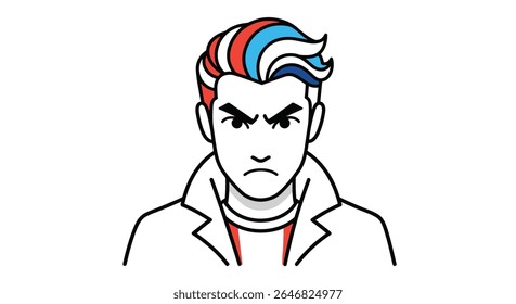Um jovem determinado com cabelo listrado vermelho branco e azul mostrando agressividade