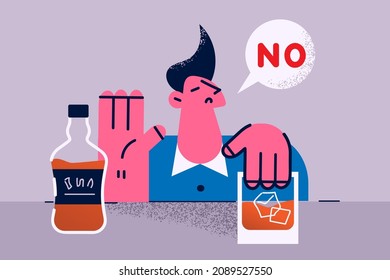 Determined Young Man Refuse From Alcohol Show No Hand Gesture At Bar. Focused Male Reject Alcoholic Drink Follow Healthy Lifestyle. Bad Habit, Alcoholism Problem Or Addiction. Vector Illustration. 