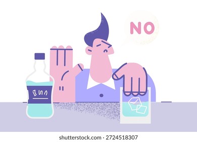Jovem determinado recusa de álcool não mostra gesto de mão no bar. Homens focados rejeitam a bebida alcoólica seguindo um estilo de vida saudável. Mau hábito, problema de alcoolismo ou vício. Ilustração vetorial.