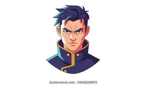 Um jovem determinado com características afiadas e cabelo escuro estilizado em um corte de cabelo moderno está pronto para a ação em um retrato de arte de pixel