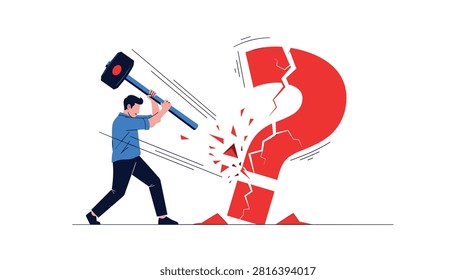 Determined young man using a giant heavy hammer to smash and break a large cracked red question mark symbol.