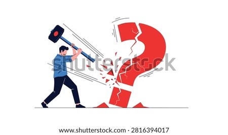 Determined young man using a giant heavy hammer to smash and break a large cracked red question mark symbol.