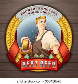 Determined young man in working clothes holding pint of beer vector label design. Logotype and badge template for breweries, pubs, brasseries, brew houses and beer bars.