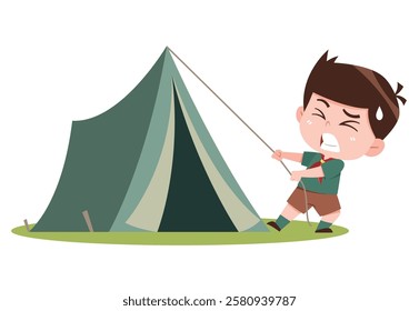 Determined Young Scout Setting Up a Tent Illustration