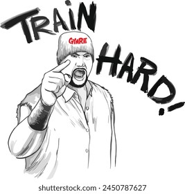 A determined-looking man is pointing his finger in front of him and yelling, 'Train hard!'. Gym motivation poster and workout motivation T-shirt design.